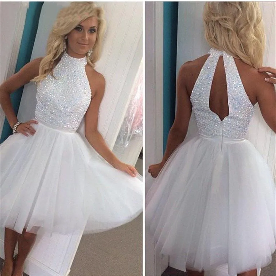 Vestidos de fiesta cortos con cuentas blancas de lujo Una línea Cuello alto Ojo de cerradura Volver Tul Tallas grandes Fiesta de bienvenida Vestidos de noche formales 270b