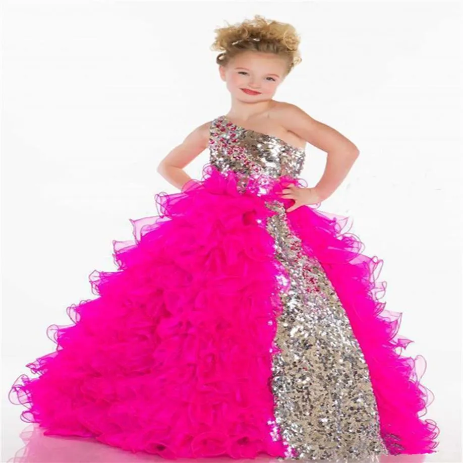 Sparkly Silver paljetter Girls Pageant Dresses One Shoulder Princess Ball Gown Birthday Party Wedding Flower Girl Dress Customize248C