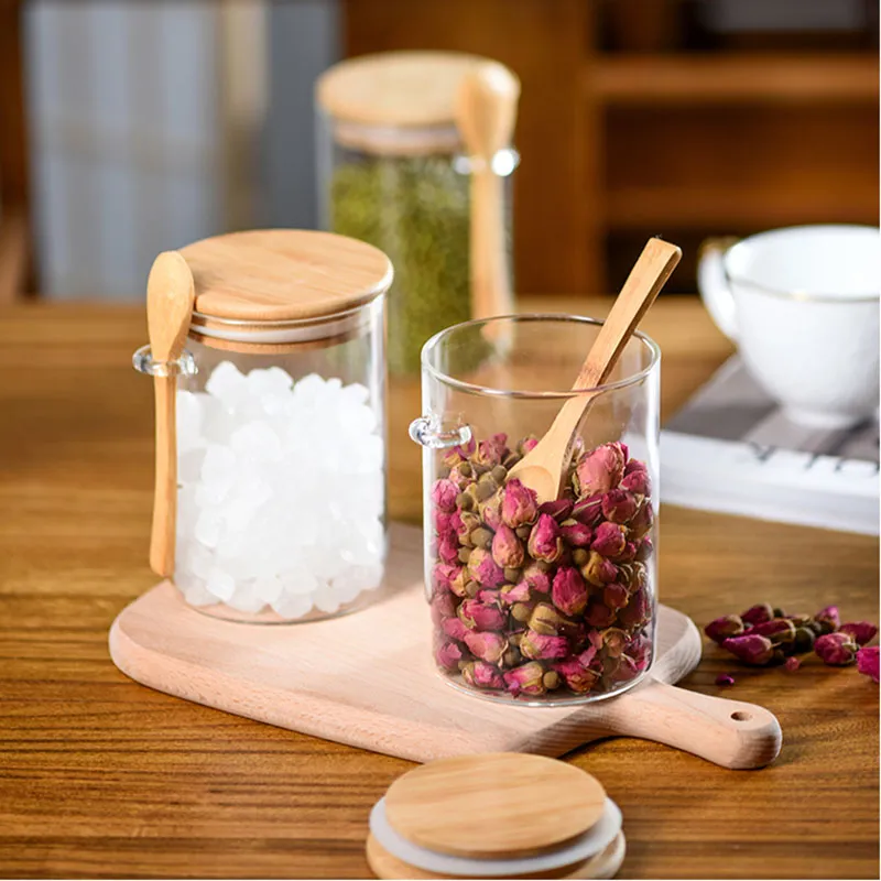 Réservoir d'assaisonnement en verre avec cuillère, réservoir de stockage des aliments de cuisine, réservoir scellé étanche à l'humidité pour céréales et céréales diverses