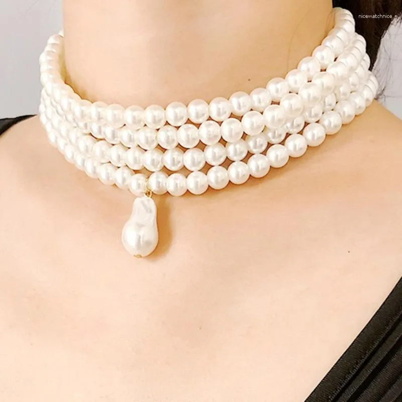 Pendant Necklaces Fashion Faux Pearl Layered Necklace Vintage Choker Women Costume Jewelry Multi-Strand