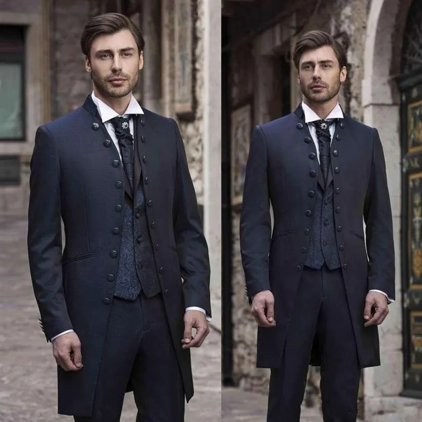 Long Coat Groom Tuxedos Navy Blue Groomaman Men's Wedding Tuxedos Fashion Men Prom Dinner Clothing 3 Piece Suits Jacket Pant2349