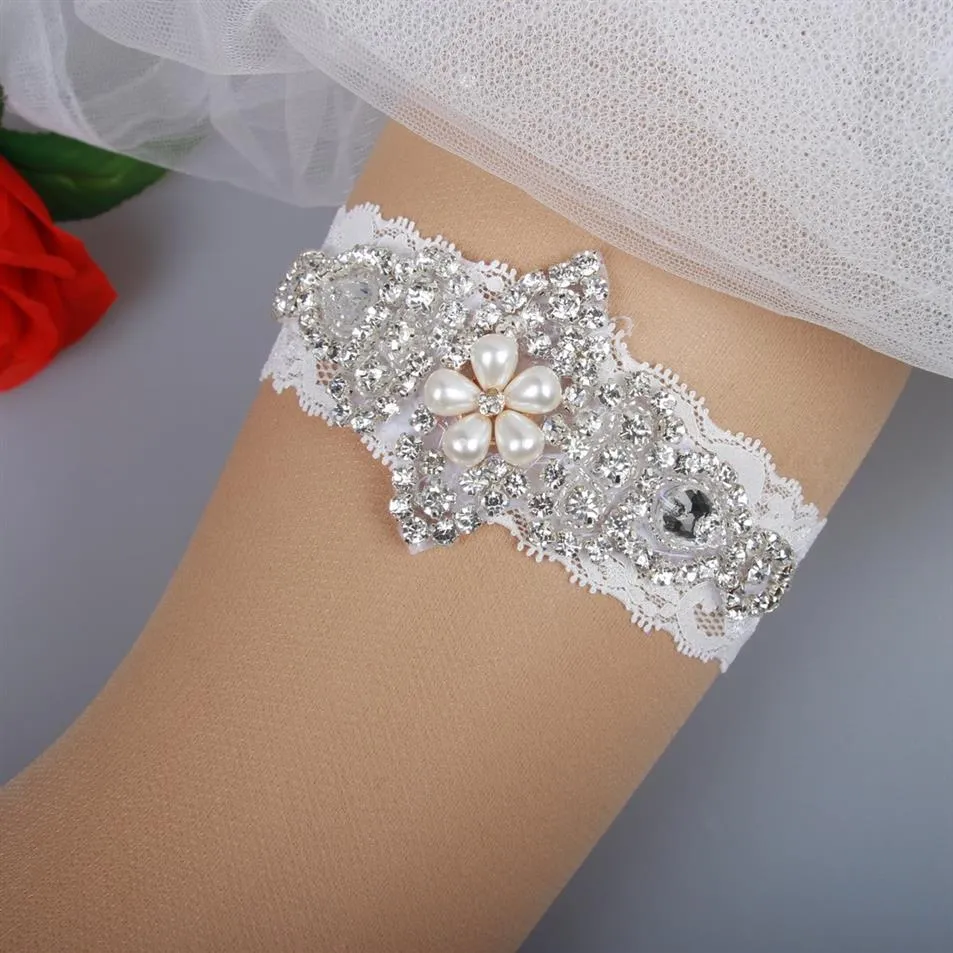Bridal Garters spetsar Rhinestones Pearls Beads Vintage Prom Homecoming Wedding strumpor Set Bridal Leg streckbälte Set Plus Size335U