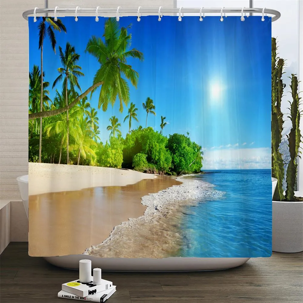 Craft 3d plage couvrage de douche rideaux de mer mer océan méditerranéen rideau de salle de bain décoration en tissu imperméable 180 * 240 cm rideau de bain