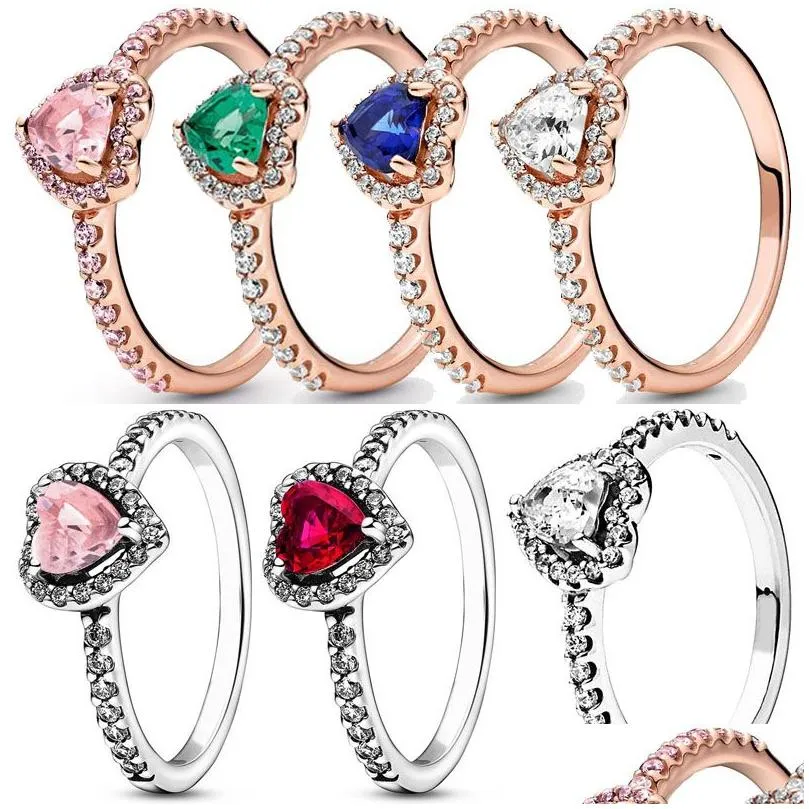 Couple Rings Authentic 925 Sterling Sier Elevated Red Green Blue Pink Heart Pandora Ring With Crystal For Women Birthday Gift Jewelr Dhfof