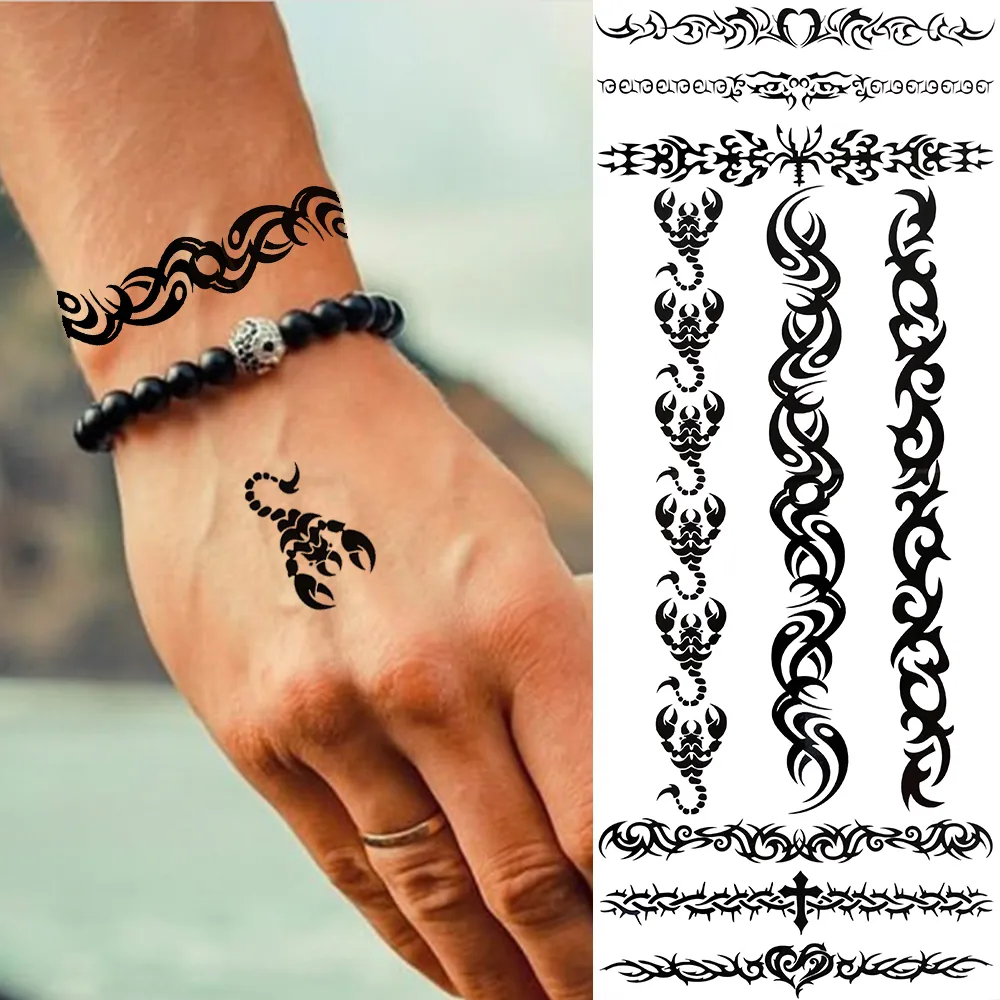Noir épines Totem tatouage temporaire pour hommes femmes indien Tribal Scorpion faux tatouage autocollant réaliste Bracelet étanche Tatoo