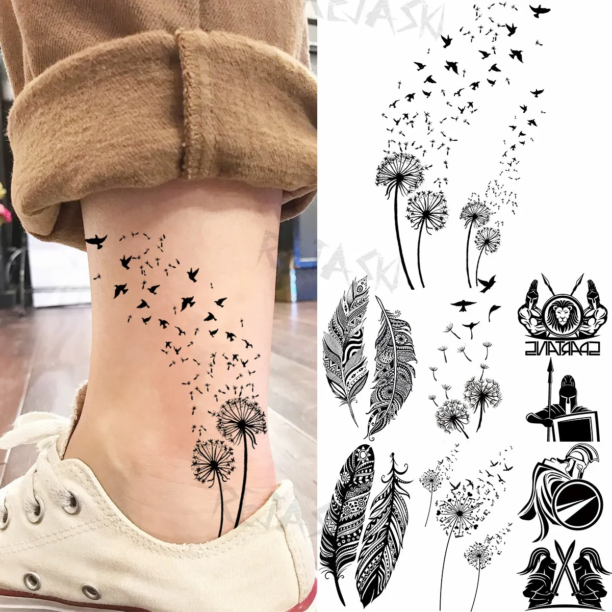 Noir petit pissenlit mode pieds tatouages temporaires pour femmes adulte plume spartiate réaliste faux tatouage corps Art Tatoo décalcomanie