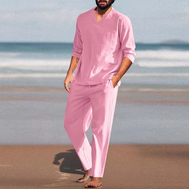 Men Pieces Cotton Linen Set Henley Shirt Long Sleeve And Casual Beach Pants