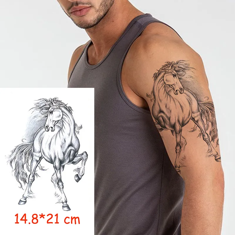 Autocollant De Tatouage Temporaire Étanche Cheval Grand Animal Cheveux Tatoo Transfert D'eau Faux Tatoo Flash Tatto Femme Homme Enfant 14.8*21 Cm