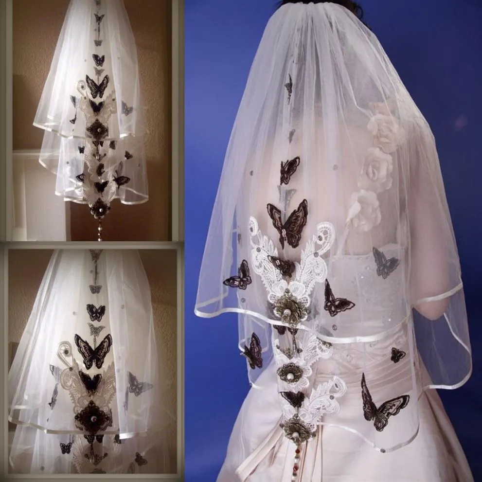 Veli da sposa corti a due strati con applicazioni di farfalle Morbido tulle al gomito Accessori da sposa Velo su misura per matrimonio Wi305h