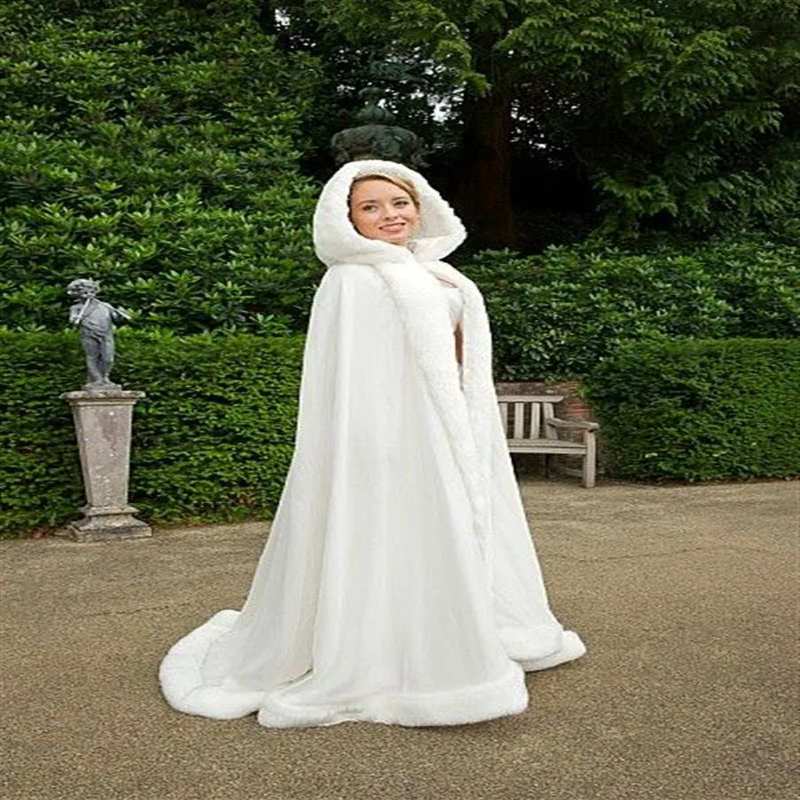 Wedding Cloak With Hood Faux Fur Satin Long Winter Bridal Dress Cape Custom Made217l