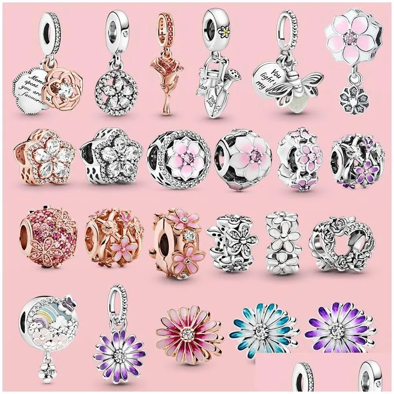 Charms 100 925 Sterling Sier Pendentif Flocon De Neige Étincelant Rose Marguerite Fleur Abeille Clip Perles De Charme Adapté À L'original Pandora Bracel Dhl5N