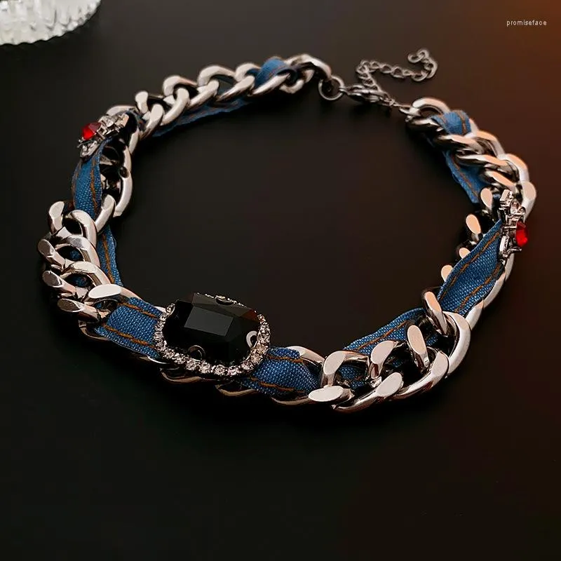 Choker Kaitin Korean Inlaid Rhinestone Denim二重層ネックレス