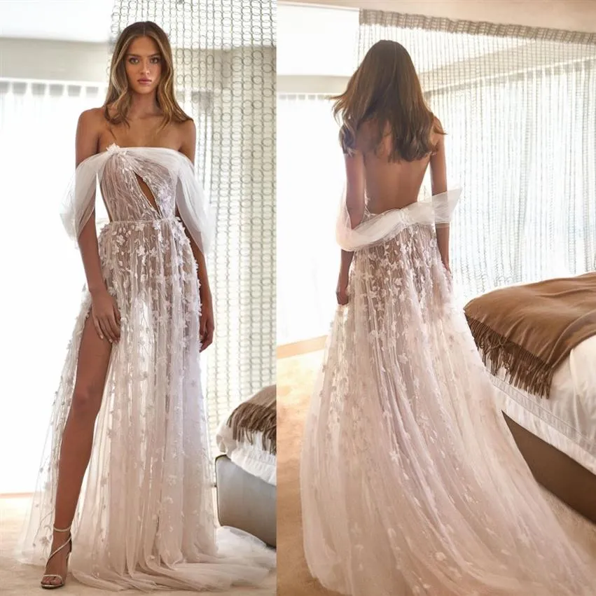 2020 Elihav Sasson Beach Wedding Dresses A Line Lace 3D Floral Applicants High Side Split Wedding Glows Anpassade stropplösa kläder 284B