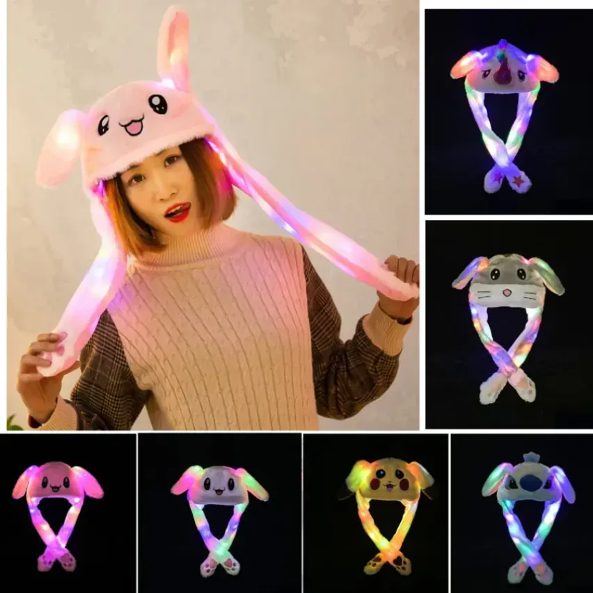 Chapéu de coelho em movimento de pelúcia com iluminação de LED UPS engraçado brilhante e orelha em movimento Chapéu de coelho para mulheres meninas cosplay festa de Natal chapéu de feriado 7,22