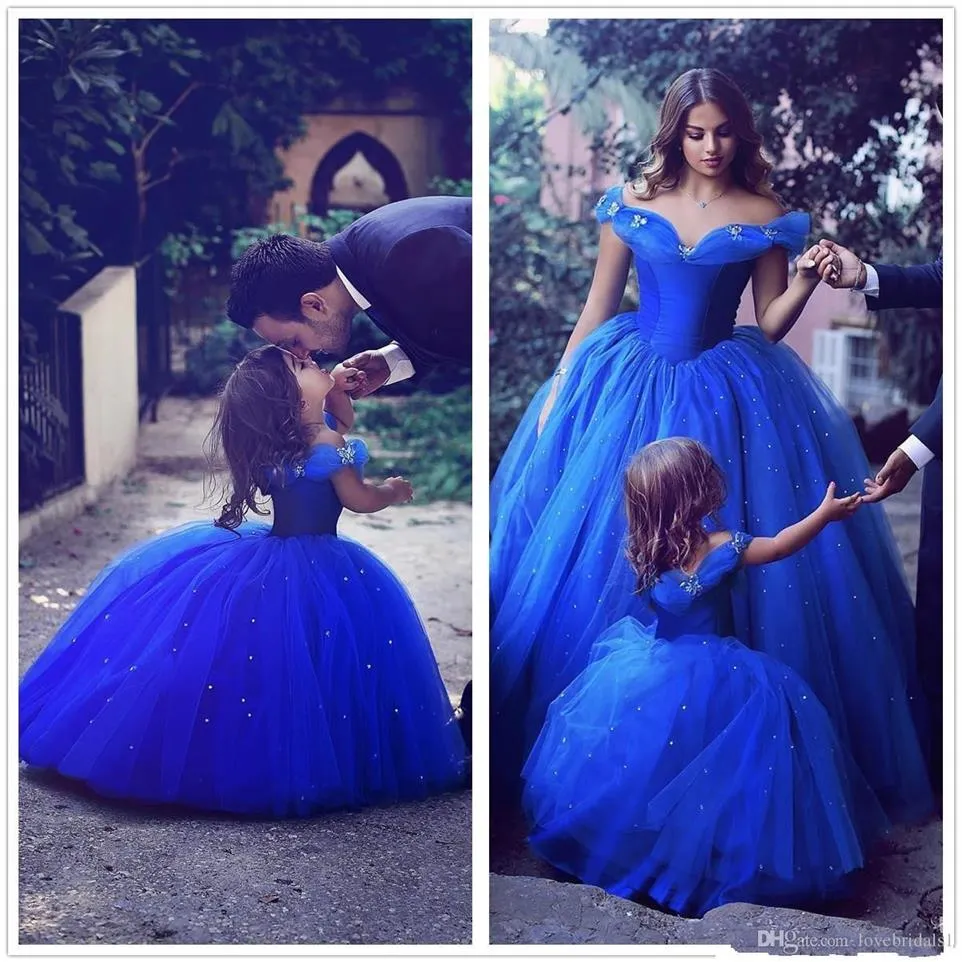 Royal Blue Princess Off épaule fleur filles robes mère et fille robe de bal robes de bal Tulle filles Pageant robe Custom268D