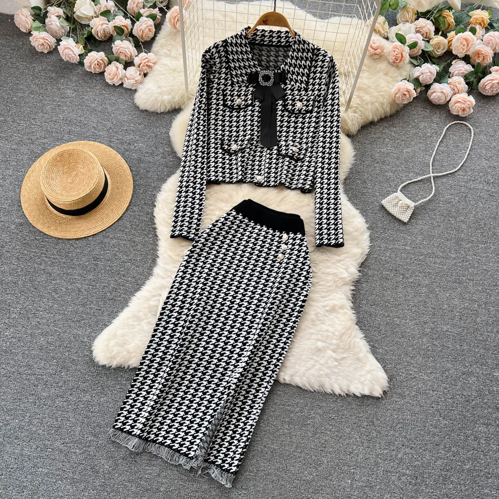 Womens Two Piece Dresses Elegant Houndstooth Knit Set With