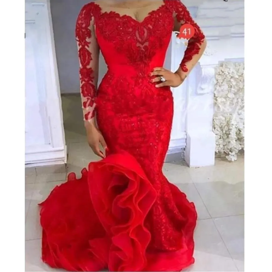 2021 Red Mermaid aftonklänningar Long Scoop Lace -applikationer Ruffles paljetter Plus Size Prom Dress Dubai Arabic Vestidos Long Sleeves1889