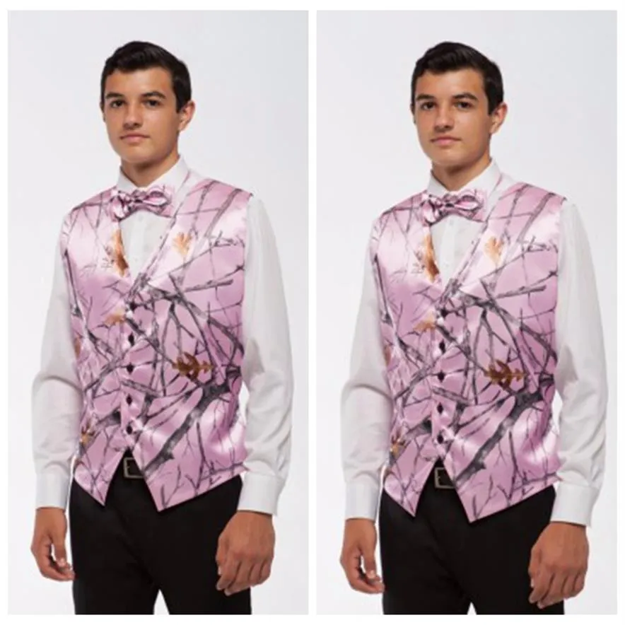 Tanie 2019 Pink Camo Men kamizelki z krawatem kamuflażu groom -groomman kamizelka tanie satynowe