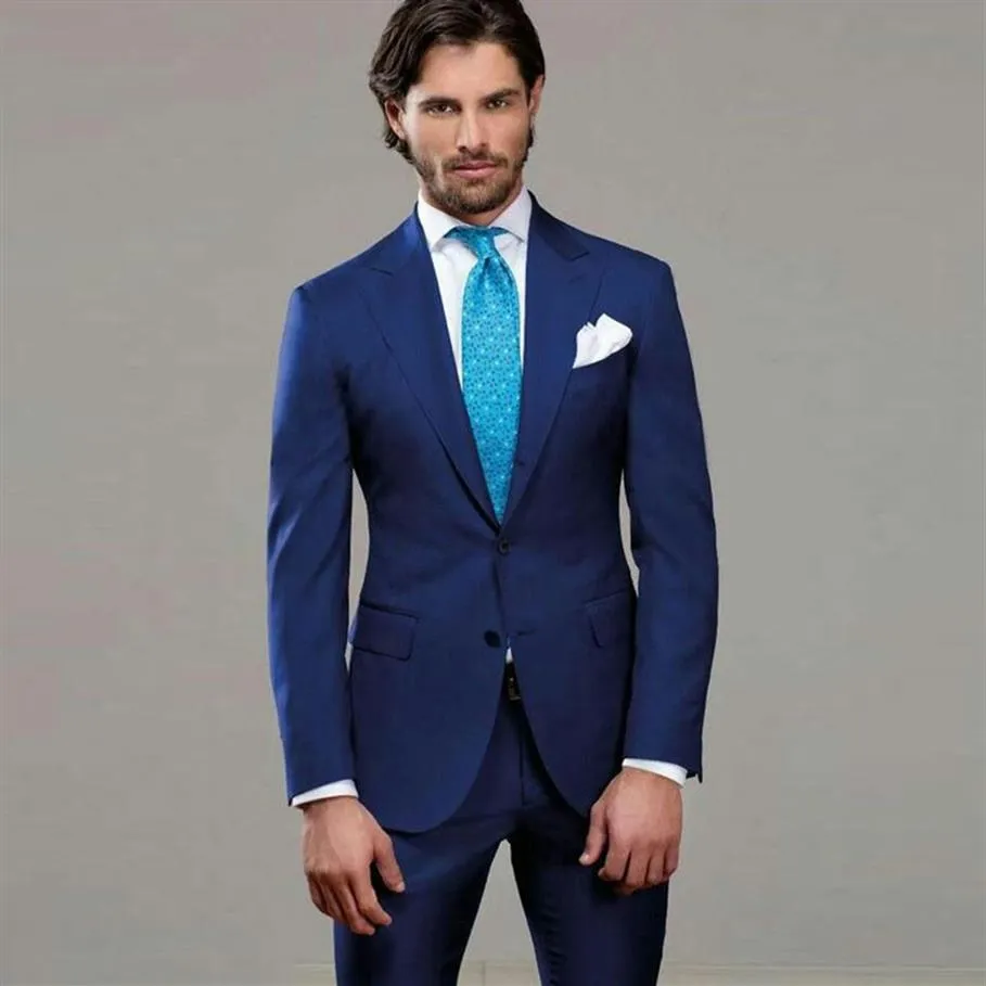 Piekte Ontwerp Blauwe Pakken voor Zakenlieden Kledij Bruidegom Bruiloft Smoking 2 Stuk Bruidsjonkers Dragen Man Outfit Blazer Kostuum Homme Terno206P