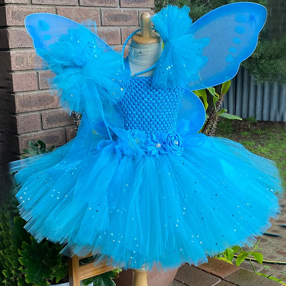 Girls Blue Glitter Tutu Dress Kids Flower Fairy Dress with Futterfly Wing Stick Hairbow Children Party Costume Princess Dresses