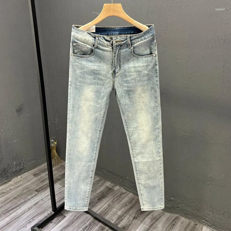 Männer Jeans Hochwertige Hosen Koreanischer Stil Feste Luxus Gewaschen Vintage Stretch Frühling Sommer Skinny Männer Blau Denim