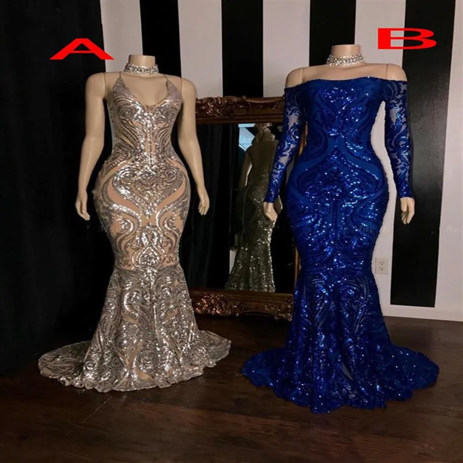 Sparkly Sequined Silver Mermaid African Prom Dresses 2020 Royal Blue Long Sleeve Graduation Formell klänning plus storlek Kvällsklänningar303J