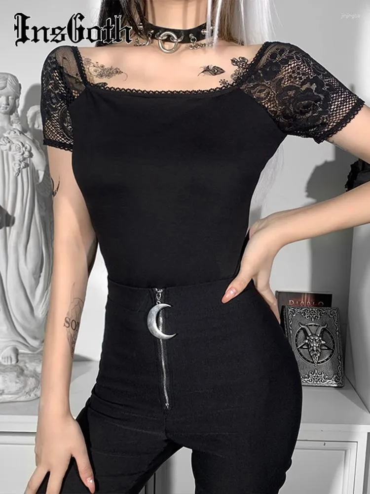 T-shirts pour femmes Insta Vintage Lace Black Shirt Gothic Sexy Bodycon Cône courte Femmes Tops esthétique Elegant Square Neck T-shirts Basic