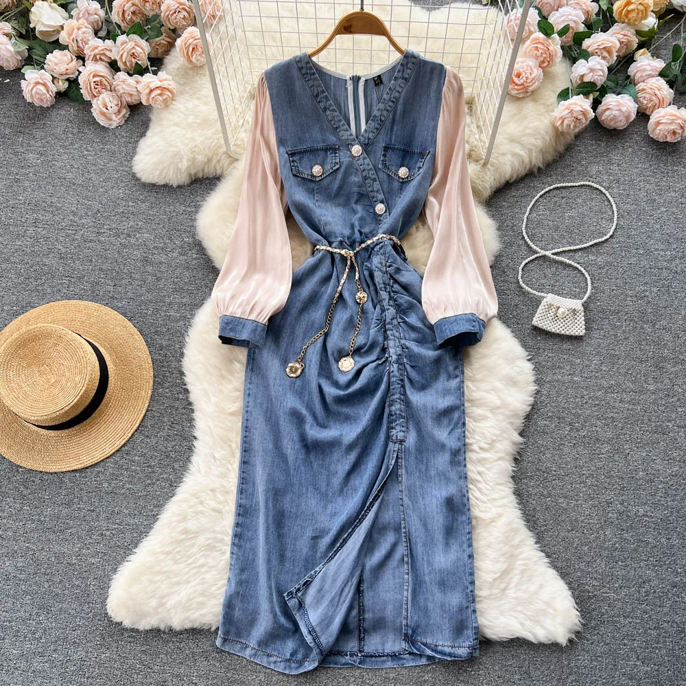 Summer Patchwork Denim Dress for Women - Short Sleeve V-Neck Midi with Pearls and Buttons, Elegant Split and Chain Belt
