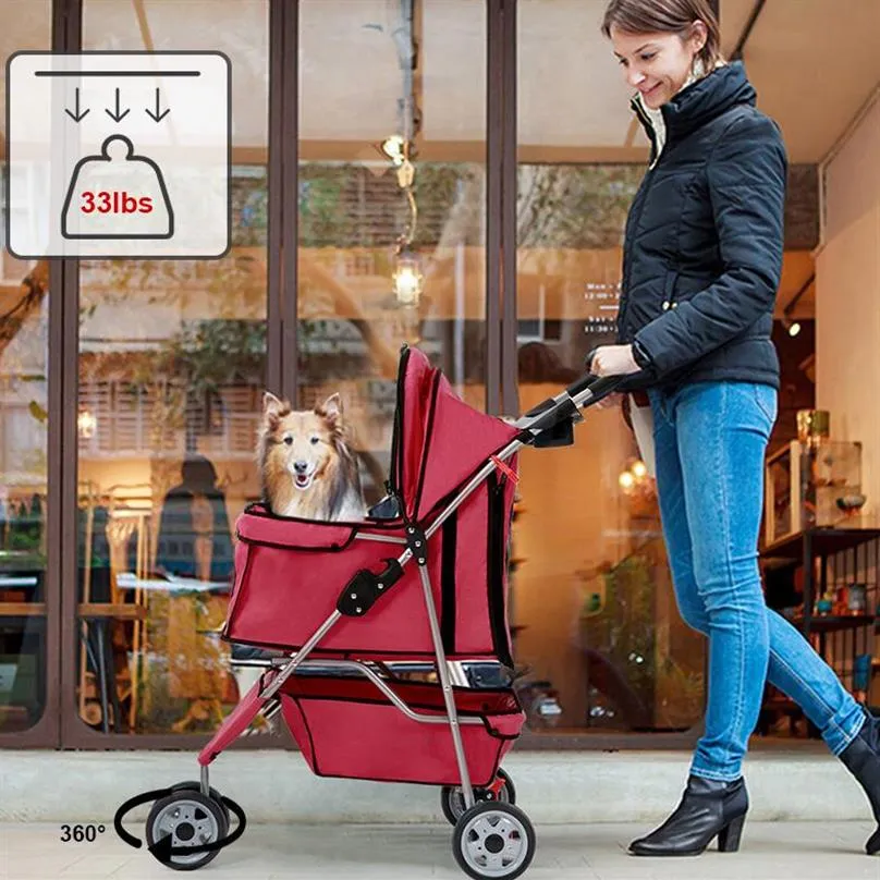 New Red Pet Passeggino Gatto Cane Gabbia 3 Ruote Passeggino Viaggi Pieghevole Carrier T13260x