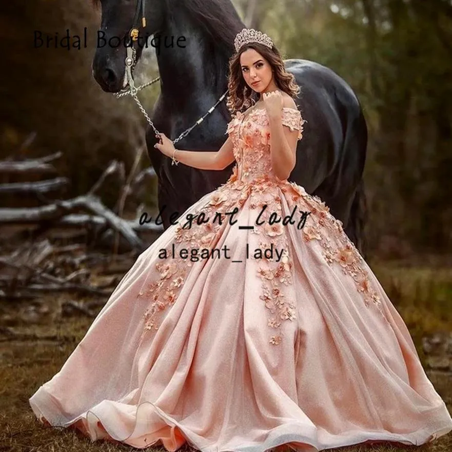 Av axel rodnad rosa quinceanera klänningar 2021 applikationer 3d blommor pärlor snörning cordet prinsessa söt 16 parti prom bollklänningar271m