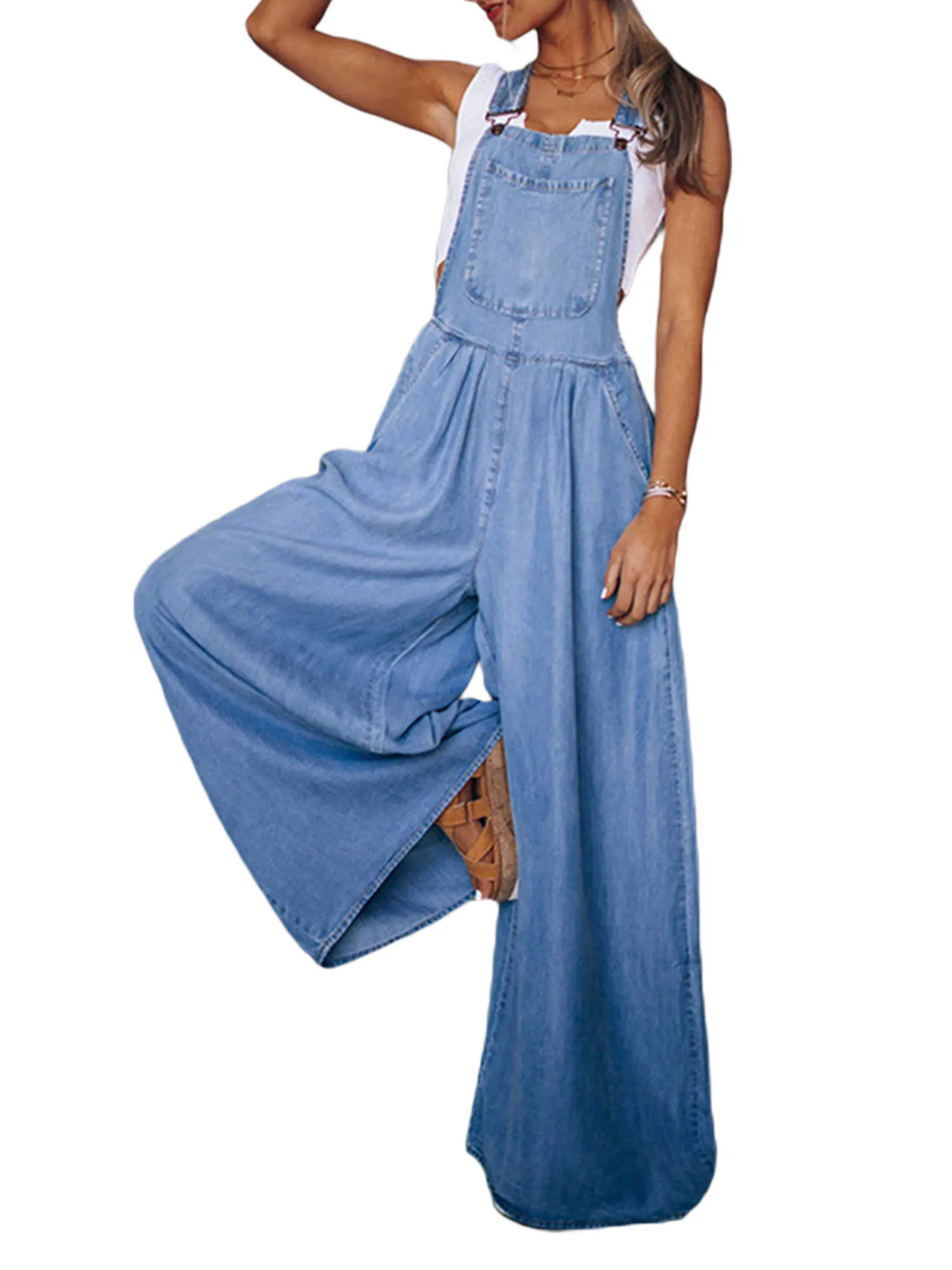 Adjustable Strap Wide Leg Jeans with Functional Pockets High