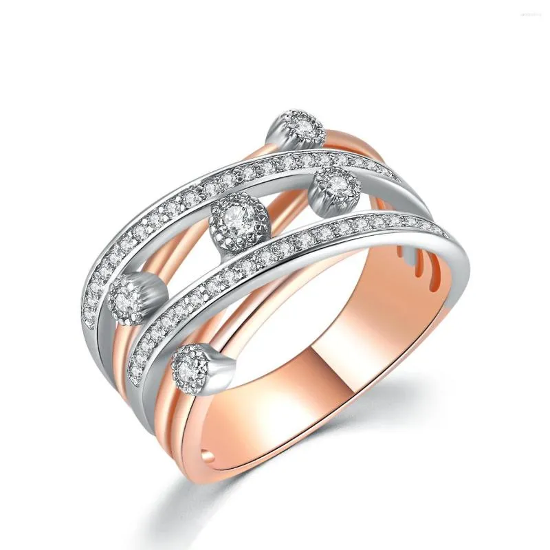 Trouwringen Ring Voor Vrouwen Luxe Uitgehold Vonken Zirkoon Crystal Zirconia Dubbele Kleur Verloving Sieraden Gift