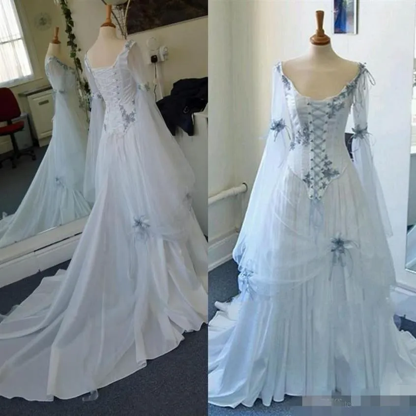 Vestidos de casamento celta vintage uma linha mangas compridas Juliet rendas nas costas flores feitas à mão decote redondo feito sob medida Sweep Train Weddin305p