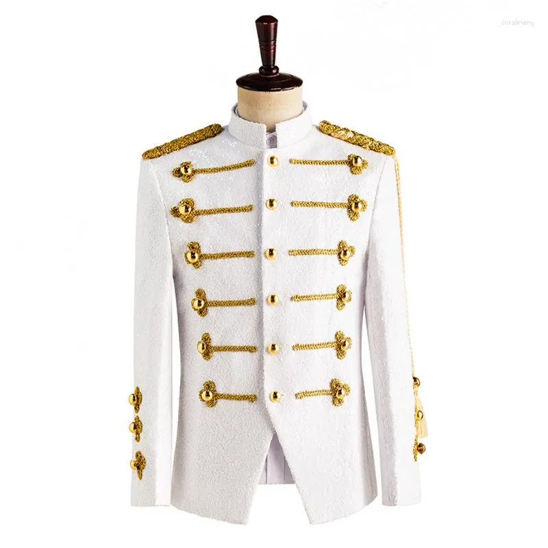 Herrdräkter vit paljett utsmyckad militär blazer jacka män gotisk steampunk tuxedo kostym kostym homme