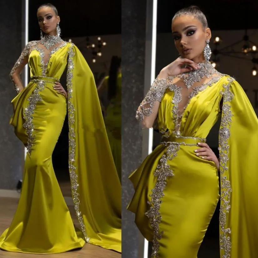 2022 Arabe Citron Vert Cristaux Robes De Soirée Formelles Sirène Style Dubaï Indien Col Haut Une Manches Cape Perles Longue Trompette Pr279o