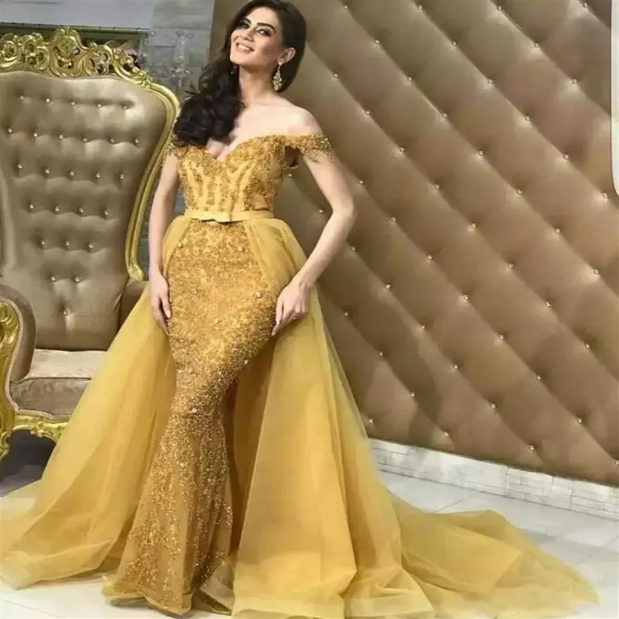 Sexy Arabic Style Daffodil Gold Detachable Skirt Prom Dresses 2019 New Off Shoulder Mermaid Beaded Lace and Tulle Formal Evening G305p