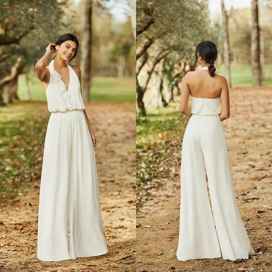 2020 Elegante abito da sposa Halter A Line Sexy Back Lunghezza caviglia Boho Abito da sposa Pantaloni da sposa economici Abito Robes De Mariee269h