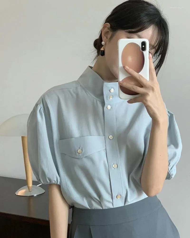 Kvinnors blusar 2023 Summer Shirt Stand Collar Button Up Loose Puff Sleeve Thin Top