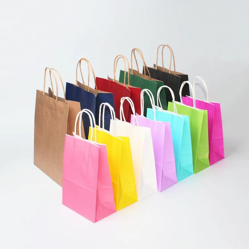 Gravação em 10/30/50pcs DIY Multifuncional Bolso de Papel de cor macia com Handles Saco de Bolsas de Presente Festival Sacos de compras Kraft Paper Packing Bag