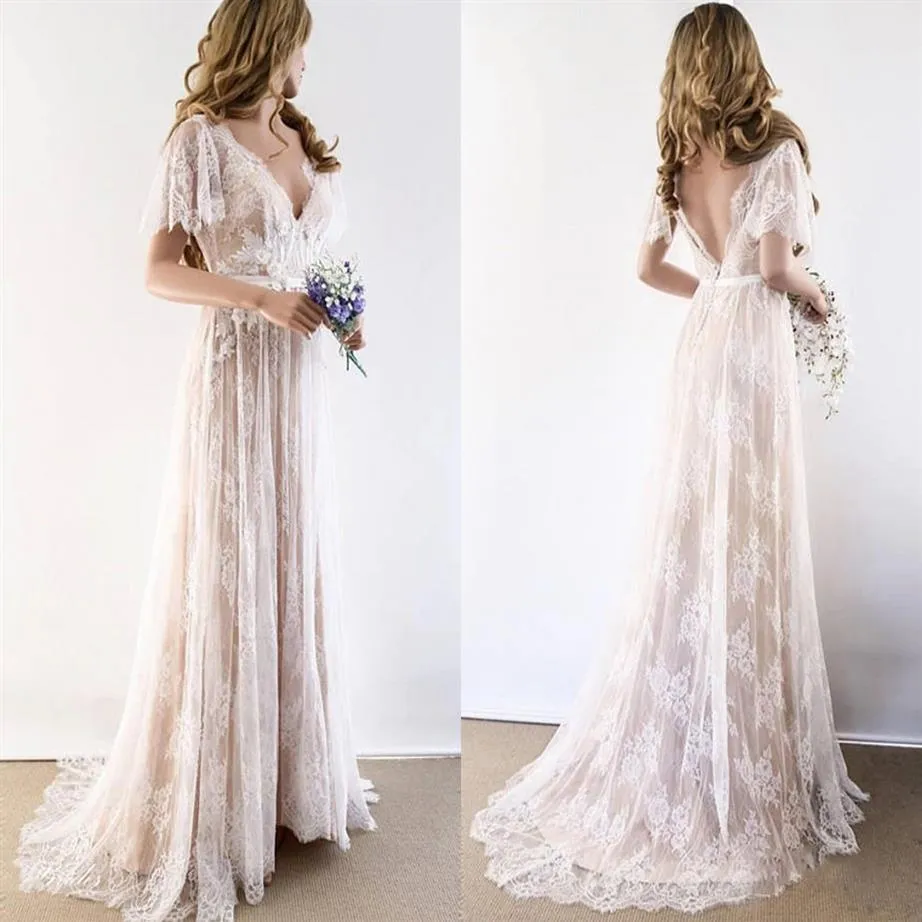 2022 Champagne Country Bohemian Wedding Gown Dresses V Neck Kort ärm spetsar backless brudklänningar plus storlek237T