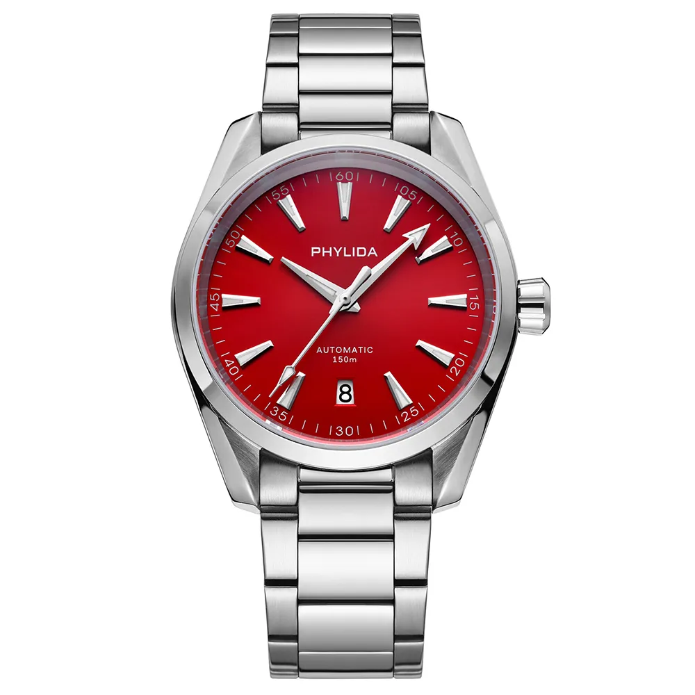 PHYLIDA Neue Aqua 150 m Automatikuhr mit rotem Zifferblatt, Saphirglas, NH35A-Armbanduhr, 100 WR, Taucheruhren für Herren