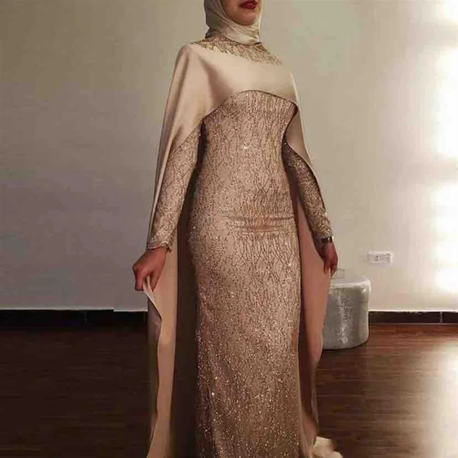 2021 Muslim Dubai Sheath Evening Dresses Wear High Neck Long Sleeves Bling Sequined Lace With Cape Sweep Train Plus Size Saudi Ara292V