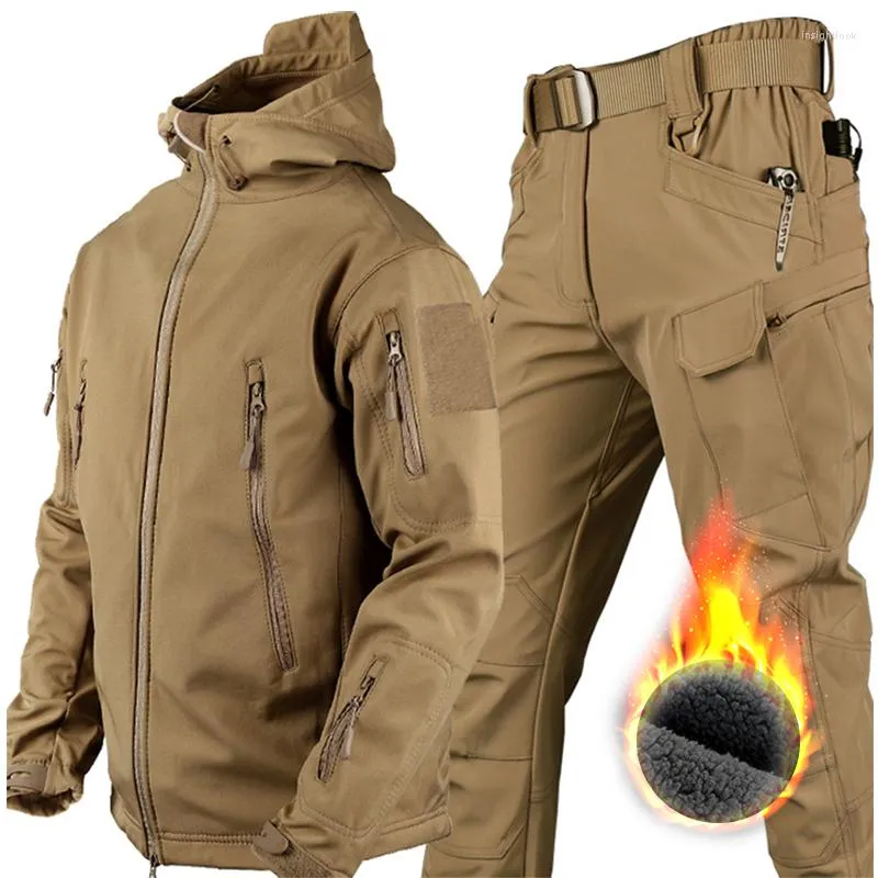 남성용 트랙 슈트 멀티 포켓 양털 따뜻한 겨울 가을 전술 자켓은 군대 바지 남성을위한 방수화물 바지