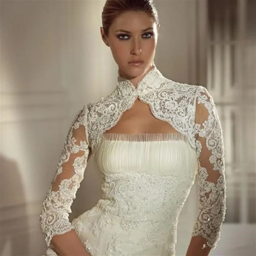 Dentelle Appliques À Manches Longues De Mariage Vestes Nouvelle Arrivée Livraison Rapide Perlé Col Haut De Mariée Wraps Veste Bolero Pour La Beauté Br330z