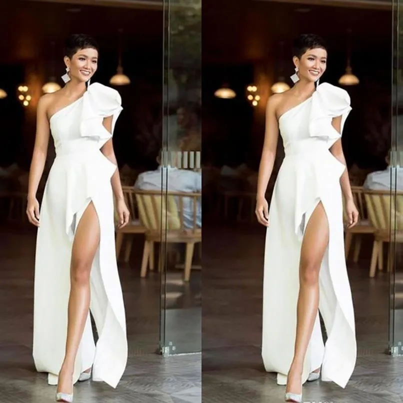 White One Shoulder Evening Dresses High Side Split Formal Party Dress Custom Size Vestido De Festa185h