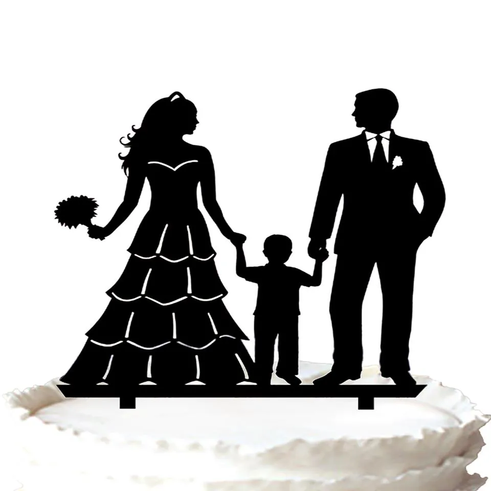 family Wedding Cake Topper Bride with bouquet and Groom with little boy 37 color for option 321f