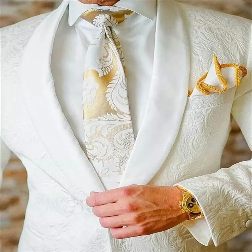 Modieuze Ivoor shawl revers Bruidegom Tuxedos Knappe Slim Fit Mannen Bruiloft Bruidsjonkers Business Party Prom Suits Jas Broek Stropdas N254M