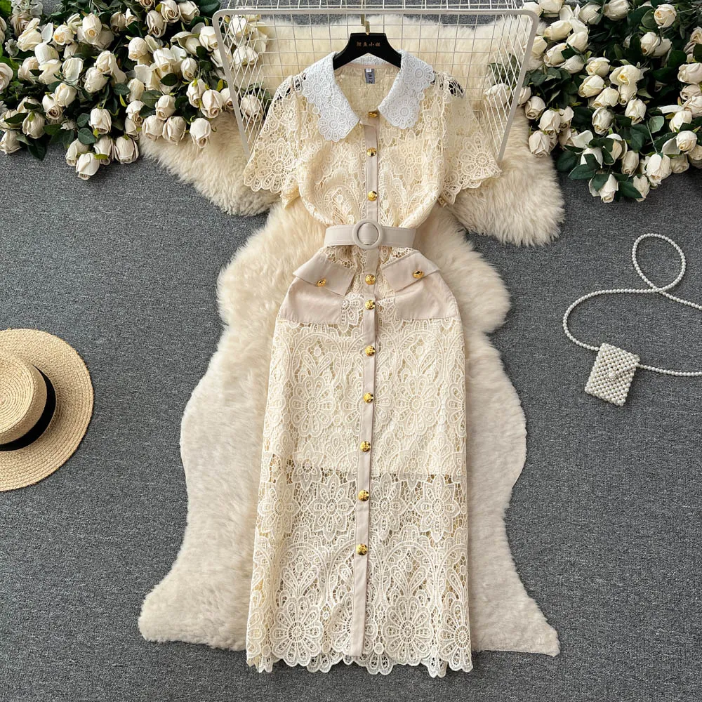 Grundläggande avslappnade klänningar Runway Hollow Crochet Lace Dress Summer Party Women Embroidery Luxury Designer Midi Holiday Vestidos de Fiesta 2024