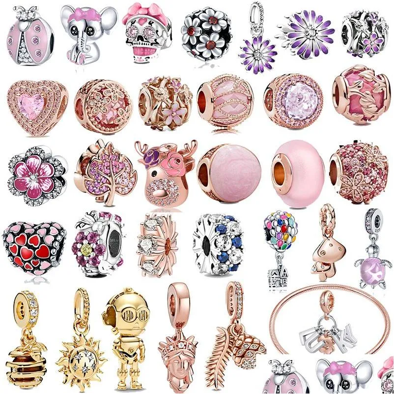 Bracelets à breloques 925 Sterling Sier Accessoires Pendentif Pincement Rose Perles Convient Pour Pandora Bracelet Collier Diy Femmes Bijoux Dhrma