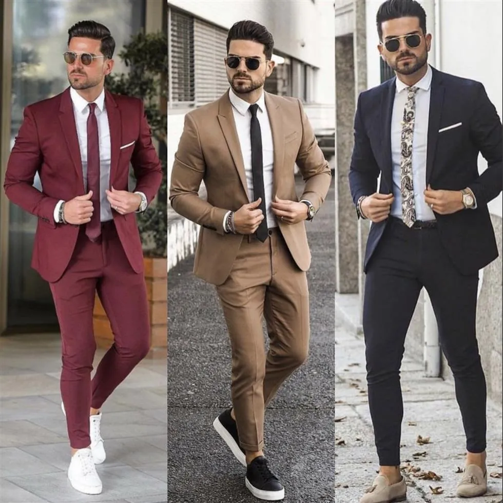 Smokings de mariage bordeaux chic Costumes pour hommes Slim Fit Peaked Lapel Prom Man Groomsmen Blazer Dinner Party Business Designs Two P2625